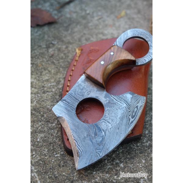 Couteau d'Esquimau Inuit Ulu de Poche Lame Acier Damas 256 Couches Manche Bois Etui Cuir Artisanat