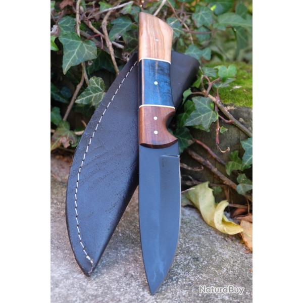 Couteau Skinner Lame Drop Point Acier Carbone 1055 Black Manche Bois/Rsine Etui Cuir Fab ArtisanatA