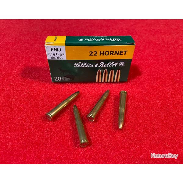20 MUNITIONS SELLIER ET BELLOT, CAL : 22 HORNET, 45 grs, 2,9 g, FMJ.