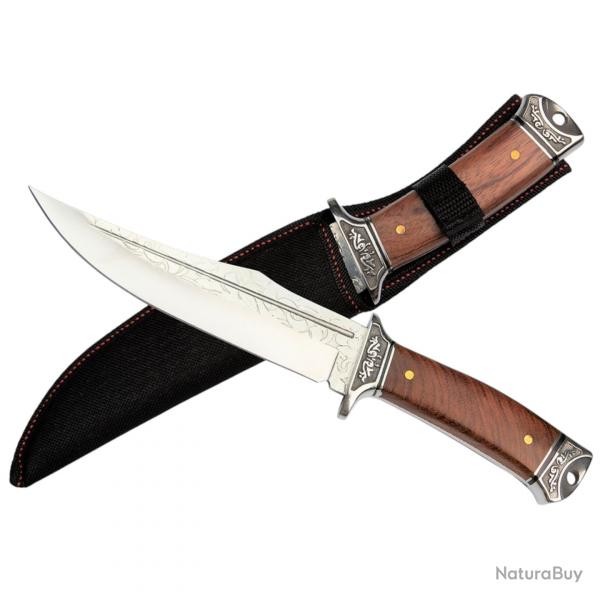 NOUVEAU - COUTEAU DE CHASSE BSH - Lame orne de fleurs - Manche en bois robuste