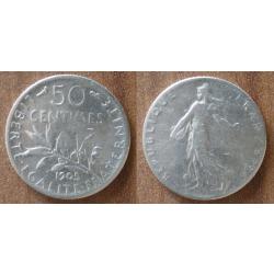 France 50 Centimes 1905 Piece Argent Semeuse Centime