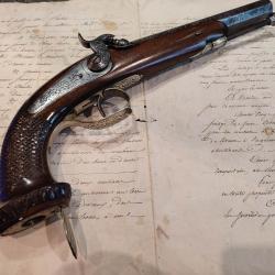 Superbe pistolet à percussion d'officier en excellent état vers 1840 avec réserve d'armorces