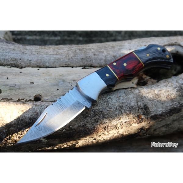 Couteau Lame Damas 128 Couches Manche 3 Bois Faon Buck 112 Lockback Fabr Artisanale