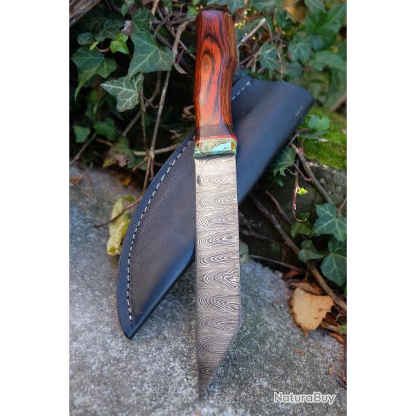 Puukko Seax de Viking Couteau Lame Damas 256 Couches Manche Bois Fabric Artisanale Etui Cuir