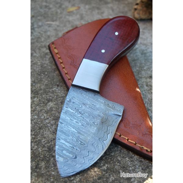 Couteau Derringer Skinner Damas Lame Acier 256 Couches Manche Micarta Fabric Artisanale Etui Cuir 01
