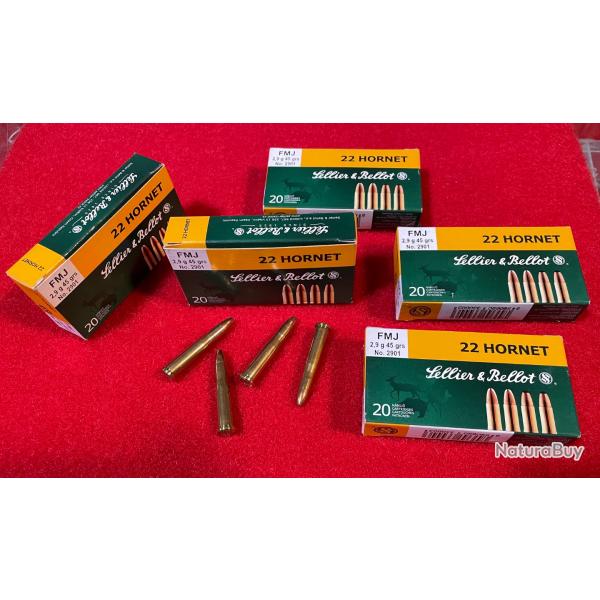 100 MUNITIONS SELLIER ET BELLOT, CAL : 22 HORNET, 45 grs, 2,9 g, FMJ.