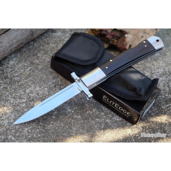 Couteau ElitEdge Dague Pliant Lame Acier 440C Manche Bois Lockback Etui Nylon