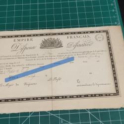 1 ER EMPIRE CERTIFICAT D'EXEMPTION, DISPENSE DEFINITIVE CONSCRIT DE 1813 DEPARTEMENT DE L'HOURTE