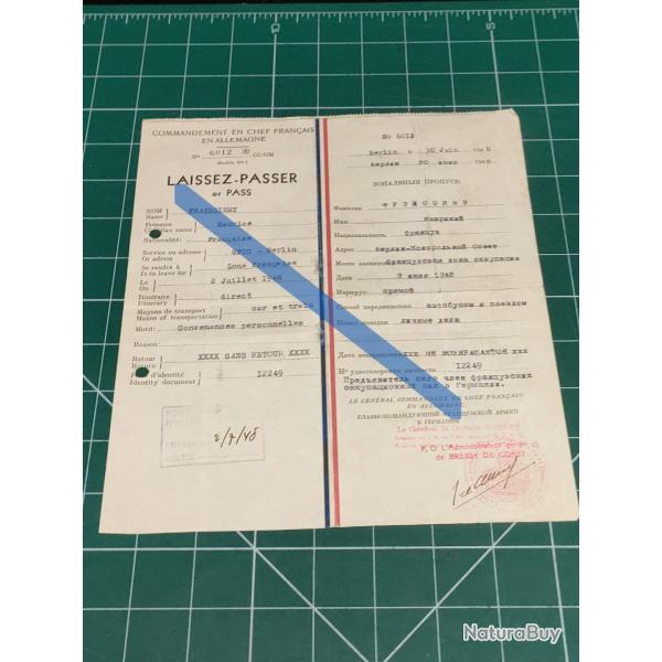 LAISSEZ PASSER 1948 FORCES FRANCAISES EN ALLEMAGNE FRANCO RUSSE