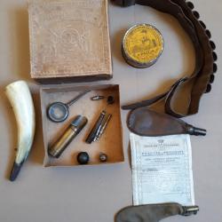 lots collection chasse ancienne boite vide de munitions avec facture d epoque+corne et divers objets