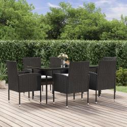 Ensemble à manger de jardin coussins 7pcs Noir Résine tressée
