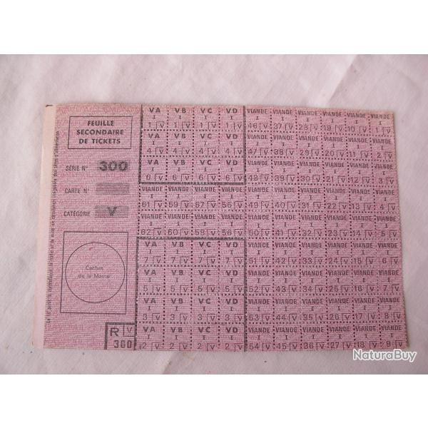 WW2/POST FRANCE TICKET RATIONNEMENT FRANCAIS FEUILLE SECONDAIRE SRIE 300 CATGORIE V PRIX POUR 1