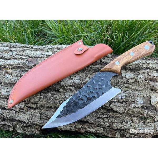 COUTEAU DE DECOUPE 30CM LAME EFFET BRUT ETUI CUIR enchre