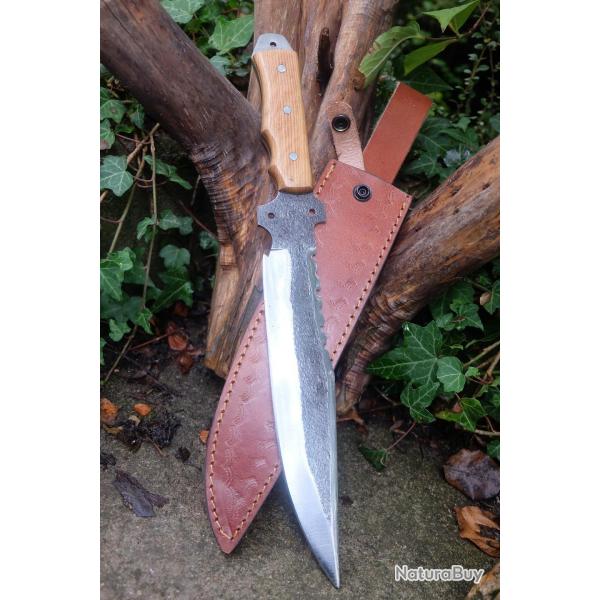 Couteau de Gaucho Argentin Bowie Lame Acier Carbone 1075 Etui Cuir Manche Bois Fabric Artisanale
