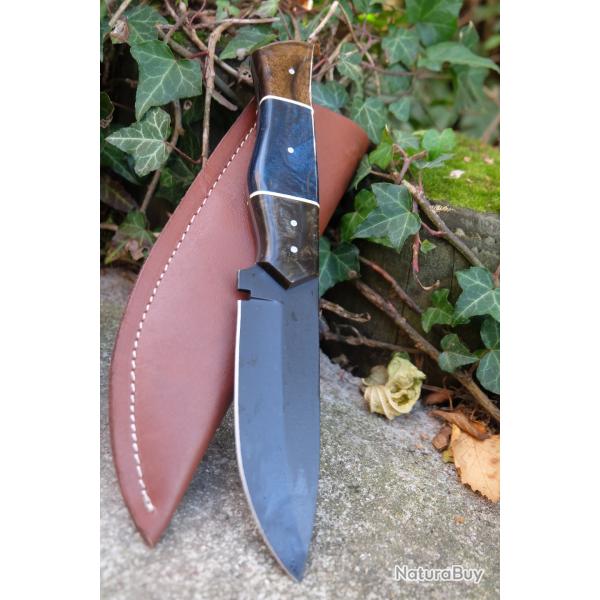 Couteau Skinner Lame Drop Point Acier Carbone 1055 Black Manche Rsine Etui Cuir Fab Artisanale