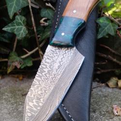 Couteau Damas Lame Tanto Reverse Acier 256 Couches Manche Résine & Bois Etui Cuir Fabr Artisanale