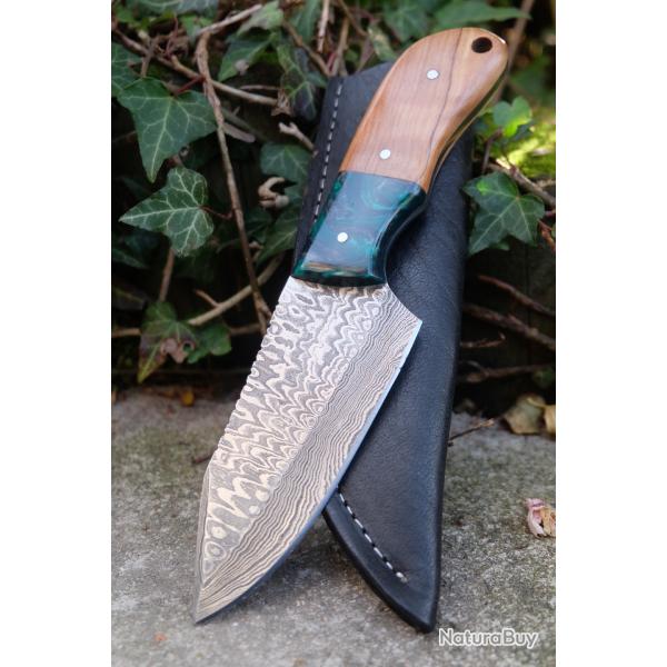Couteau Damas Lame Tanto Reverse Acier 256 Couches Manche Rsine & Bois Etui Cuir Fabr Artisanale