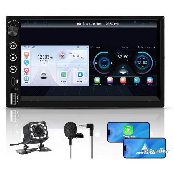 Autoradio 2DIN Bluetooth avec CarPlay & Android Auto, 7 Pouces cran Tactile HD, Bouton Rotatif, USB