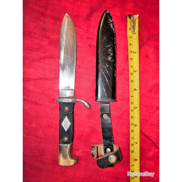 Canif couteau scout avec son fourreau peint noir, support cuir marqu Germany. Diamant fleur de lys