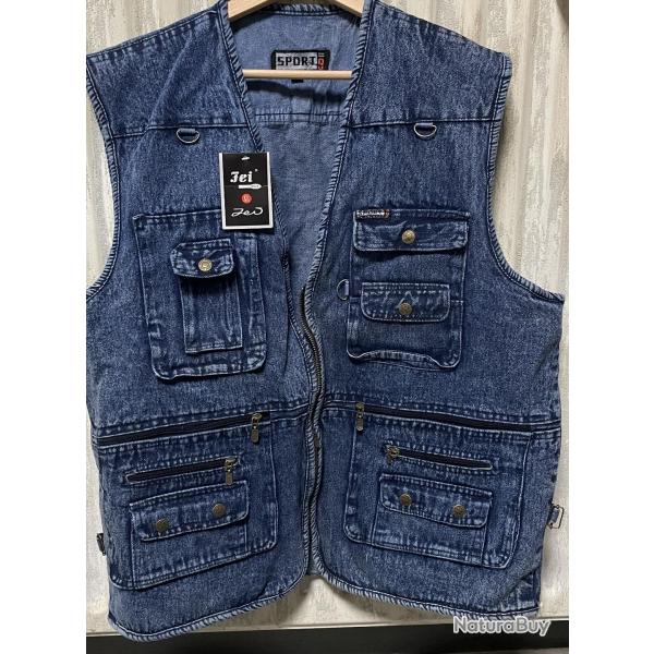 gilet sans manche en jeans multi poches