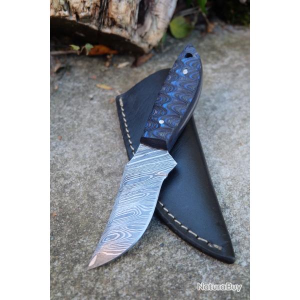 Skinner Couteau de Chasse Damas Lame 256 Couches Manche Bois Black/Blue 3D Fab Artisanale Etui Cuir