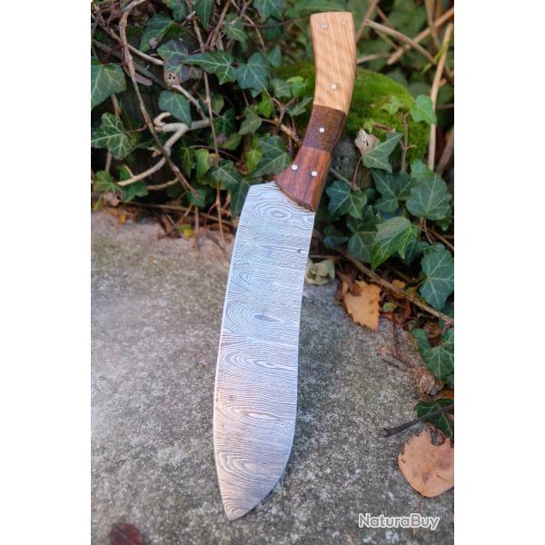 Couteau De Cuisine Style Japonais Lame Acier Damas 256 Couches Manche 3 Bois Fabric Artisanale