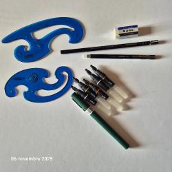 Ensemble Stylographe Mécanorma ,  Roting et Faber, perroquets, gomme tombow, crayon et gomme blanche