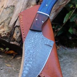 Gros Skinner Couteau de Chasse Damas Lame Acier 256 Couches Manche 2 Bois Etui Cuir Fabr Artisanale