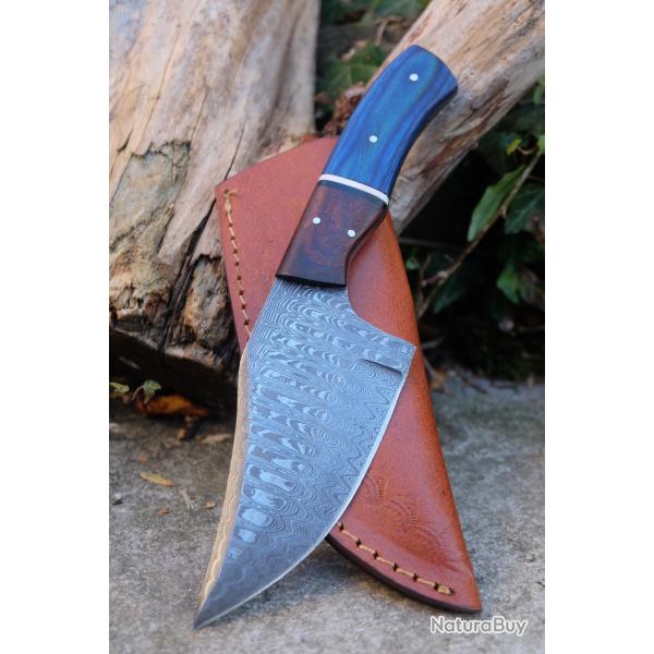 Gros Skinner Couteau de Chasse Damas Lame Acier 256 Couches Manche 2 Bois Etui Cuir Fabr Artisanale