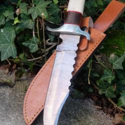 Couteau Bowie Crocodile Dundee Manche Os/Bois Lame Acier Damas 256 Couches Etui Cuir F Artisanale