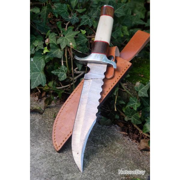 Couteau Bowie Crocodile Dundee Manche Os/Bois Lame Acier Damas 256 Couches Etui Cuir F Artisanale
