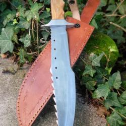 Poignard Bushcraft Couteau de Chasse Survie Lame Carbone 1055 Manche Bois/Acier Etui Cuir F Artisan
