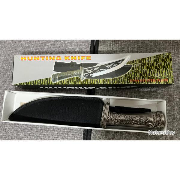 Couteau de chasse dcoratif en acier inoxydable, lame lgrement tranchante, avec tui et bote