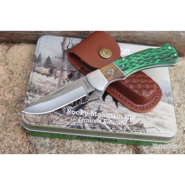 Couteau Remington Lockback Lame Acier 8Cr13MoV Manche Bois/Os Etui CUir Boite Mtal R15718