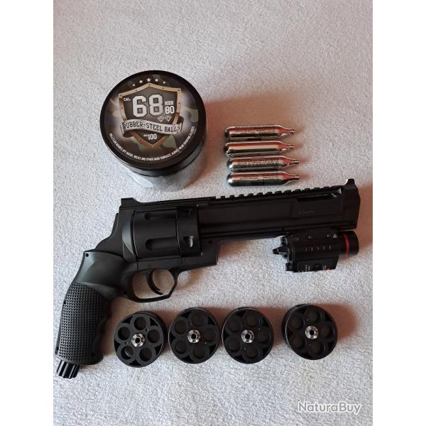 rvolver HDR68 umarex T4E 16 joules+lampe tactique laser+4 barillets+rubber steel balls+4 co2