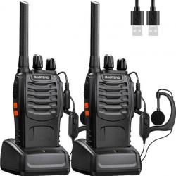 Kit de 2 Talkie Walkie PMR446 sans Licence16 Canaux Batterie 1500 mAh Lampe Charge USB Oreillette