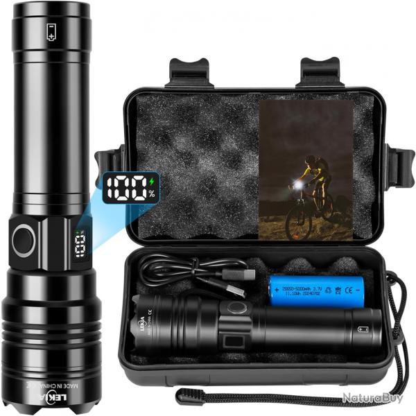 Lampe Torche Led Batterie 5000mAh 500000 Lumen Charge USB 5 Modes IP65 tanche Longue Porte