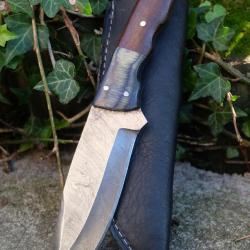 Bushcraft Couteau de Chasse Survie Lame Acier Damas 256 Couches Manche 2 Bois Etui Cuir Fabr Artisan
