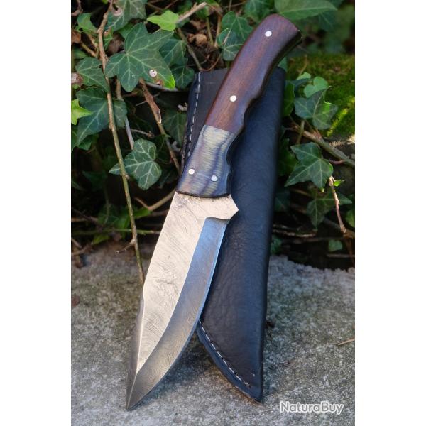 Bushcraft Couteau de Chasse Survie Lame Acier Damas 256 Couches Manche 2 Bois Etui Cuir Fabr Artisan