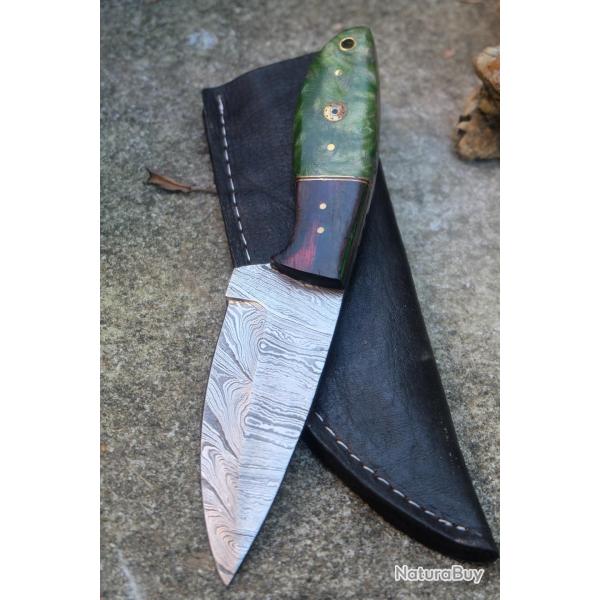 Couteau Skinner Damas Lame Drop Point Acier 256 Couches Manche Bois/Rsine Etui Cuir Fab Artisanale