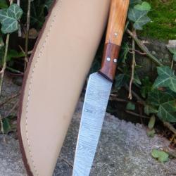 Couteau Skinner Damas Lame Stylet Acier 256 Couches Manche Bois Etui Simili Cuir Fabr Artisanale