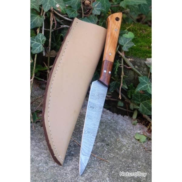 Couteau Skinner Damas Lame Stylet Acier 256 Couches Manche Bois Etui Simili Cuir Fabr Artisanale