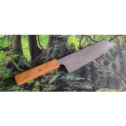 Couteau Japonais Santoku acier Damas inox et manche en vieux chêne