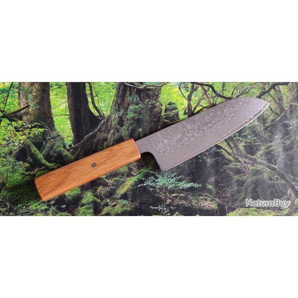 Couteau Japonais Santoku acier Damas inox et manche en vieux chne