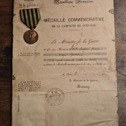 M&eacute;daille Comm&eacute;morative 1870-1871 + Dipl&ocirc;me