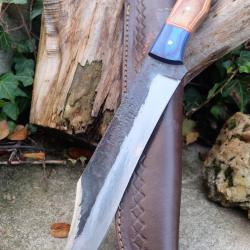 BIG Couteau Buscharft Survie Bowie Lame Acier Carbone 1075 Etui Cuir Manche 3 Bois Fabric Artisanale
