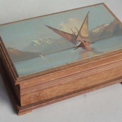 Boite bois peint paysage Barque Léman Suisse