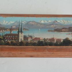 Boite à timbres bois peint paysage Souvenir Lucerne Alpes Lac Suisse