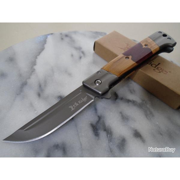 Couteau Pliant Elk Ridge Lame Acier 3Cr13MoV Manche Bois/Rsine Rouge Linerlock Ouverture Assiste
