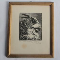 Bois gravé original P. Vautier Hibou grand duc